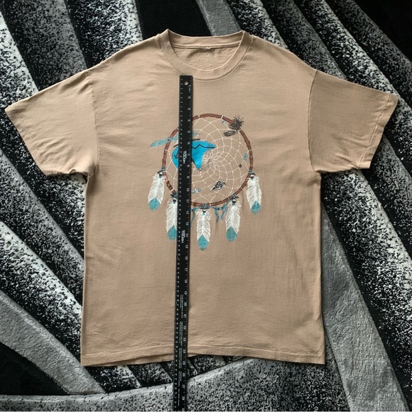 Vintage 90s Single Stitch Native American Dream Catcher Blue Bear Tan T-shirt - Picture 3 of 7